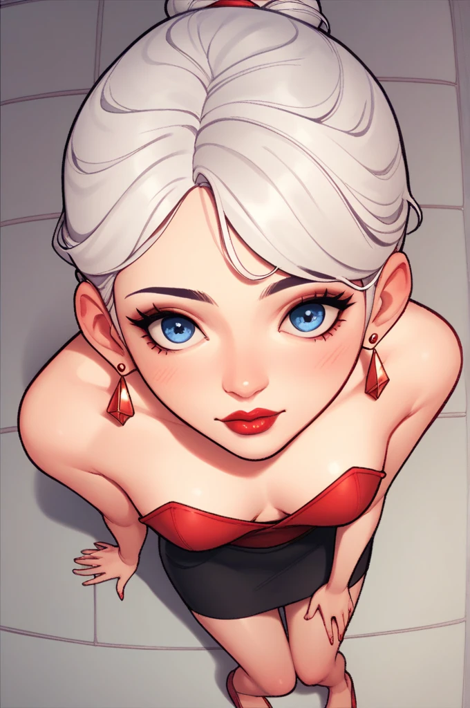 punctuation_9, punctuation_8_High above, punctuation_7_High above, punctuation_6_High above, punctuation_5_High above, punctuation_4_High above, no, no, blue colored eyes, White hair, snoos grandes, red strapless lace and sequin short dress, bared shoulders, necklase,dangling earrings,long earrings,red lipgloss stick , detailedeyes ,naked legs,hair bun