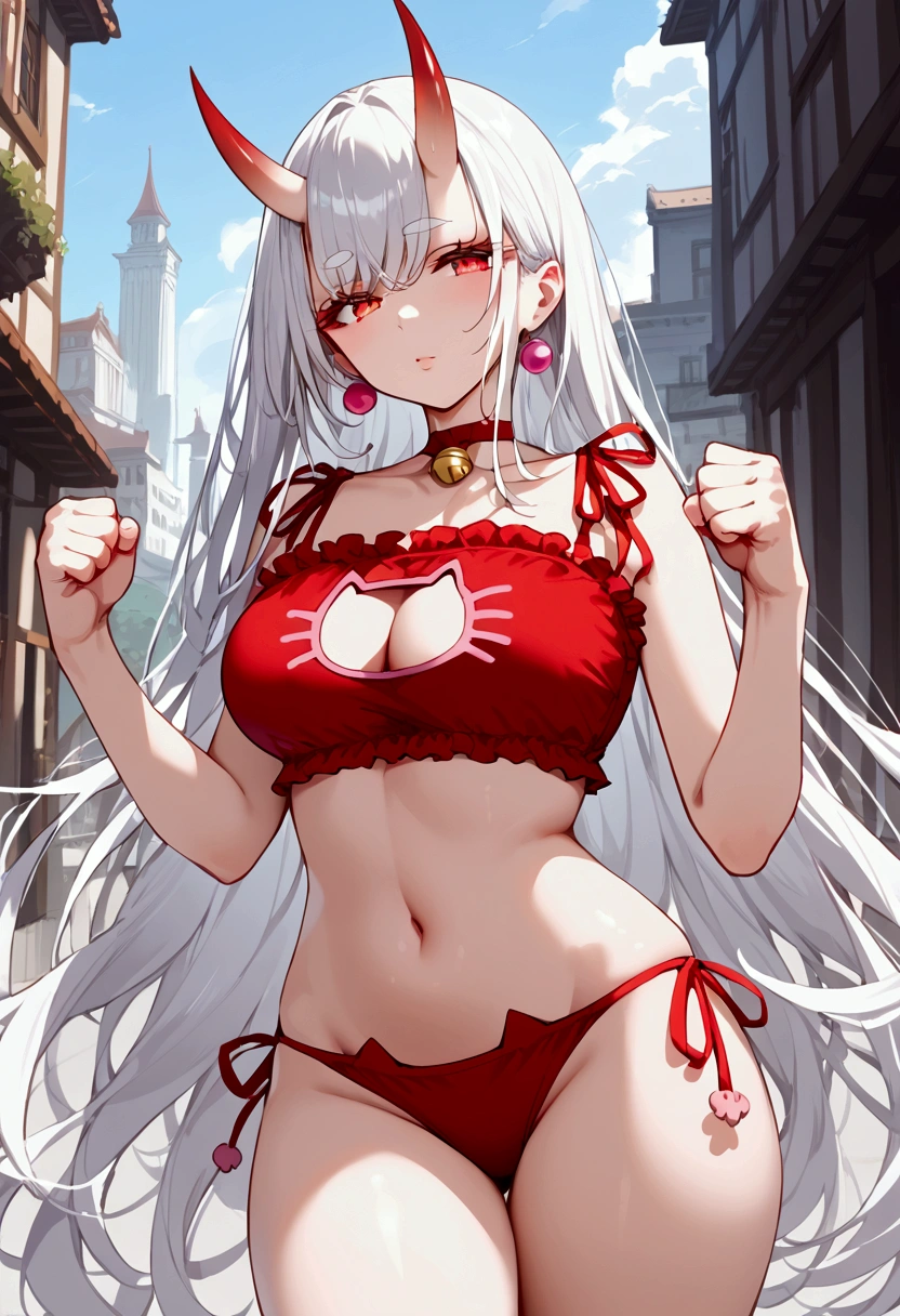 score_9, score_8_up, score_7_up, source_anime, (masterpiece), best quality, expressive eyes, perfect eyes, perfect face, oni girl, oni horns, red eyes, soft lips, long hair, very long hair, wide hips, (white hair:1.2), (white eyebrows:1), (white eyelashes:1), medium breasts:0.5, higuchi madoka, big breasts:0.3, standing, background: City, clenched hands, (cat lingerie:1.4), (red lingerie:1.4)