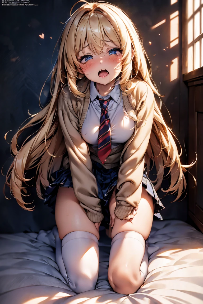 Browsing Caution,​(Highest quality, 8k, masterpiece:1.3,beautiful girl), (Very detailed)Glowing Skin,(((Long Hair,blonde,Beautiful Hair))),(Perfect Anatomy, Anatomically correct, Very detailed肌),((Golden Eyes)),((Perfect Fingers,Five Fingers)),((Light blue collared shirt, Navy pleated mini skirt, socks, Navy tie, Light brown cardigan, White knee socks)),Pink Panties,  Knee-high socks,Knee-high socks on both feet,Double teeth,Big Breasts,Big Ass,Are crying face,Tears running down my cheeks,Wipe away your tears with both hands,Are crying,Broken Heart、park、