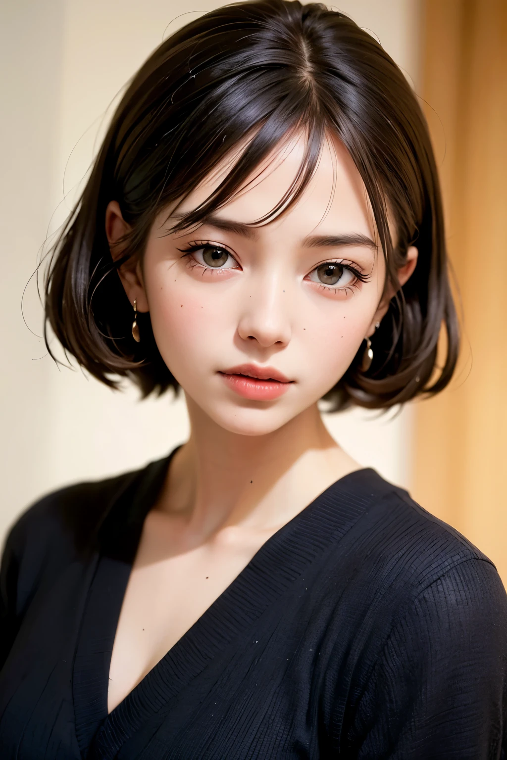 (masterpiece, Highest quality),one person's, alone, Black-haired,Realisticで全てを詳細に美しく描画する,The beauty of the golden ratio of perfect anatomy、Beautiful, Realistic, Realistic, Looking at the audience, Light-coloured black eyes, Short brunette bob, Brown coat,Beautiful glossy lips, prohibit, Plein Air, Upper Body、Big eyes、Beautiful view of sparkling snow lassi))、(((Short bob hair with bangs:1.4、Shiny Hair、prohibit:1.4、Big eyes、large full chest、Highlights the eyes、Gazing at the audience、Beautiful beauty、Listen carefully、Long neck、Laugh a little、smile、Ideal body type)))、{Huge|big|Hugeな|Mega} chest:2, chestの谷間:2、大きなchestの谷間を見せる:2、A lovely, beautiful and cute sexiness with a dignified charm