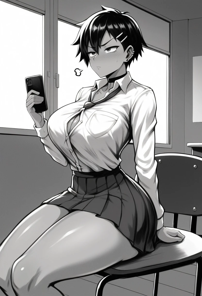 1girl, Monochrome, slightly dark skin, skirt, Japanese high school skirt, tight dress shirt, medium tomboy haircut, medium tomboy hairstyle, sexy soft face, sexual face, extremely feminine face, female jawline, manga style, (angled front side view image, pov front angled side profile view), ((((extremely big breasts, extremely Wide hips, extremely big ass, thick thighs, thicc, busty, big ass)))), black choker, annoyed expression, annoyed face, slightly annoyed expression, crisscross hair clip on left side of hair, subject is looking at phone in right hand, black ear piercing, detailed, masterpiece, 8k image, beautifully detailed, sitting down, sitting on Japanese’s school chair, in club room, interior Japanese high school club room, good hand anatomy, feminine hands,