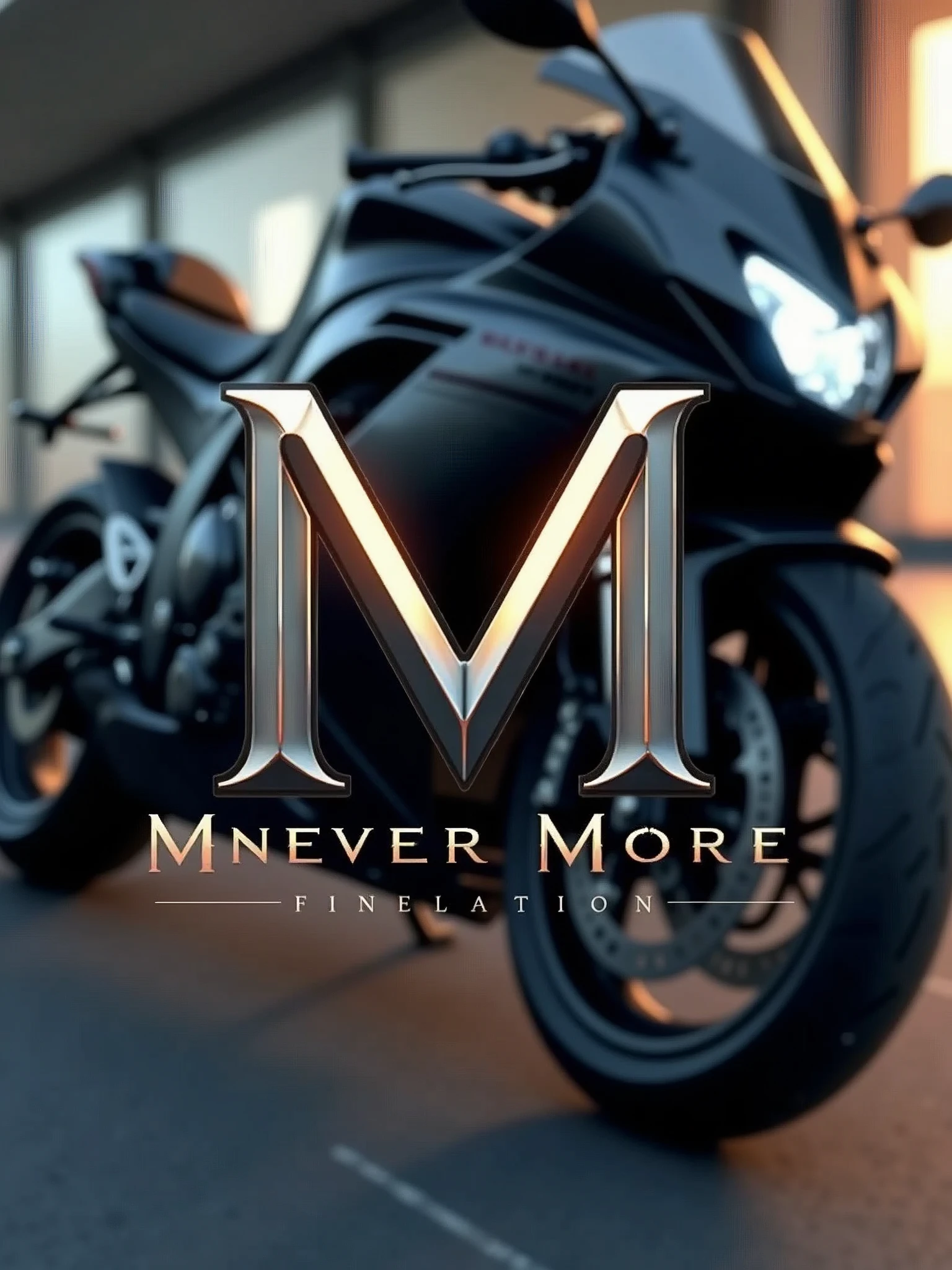 logo "MneverMore" stylish letter logo front, background realistic with SUZUKI GSX-S1000