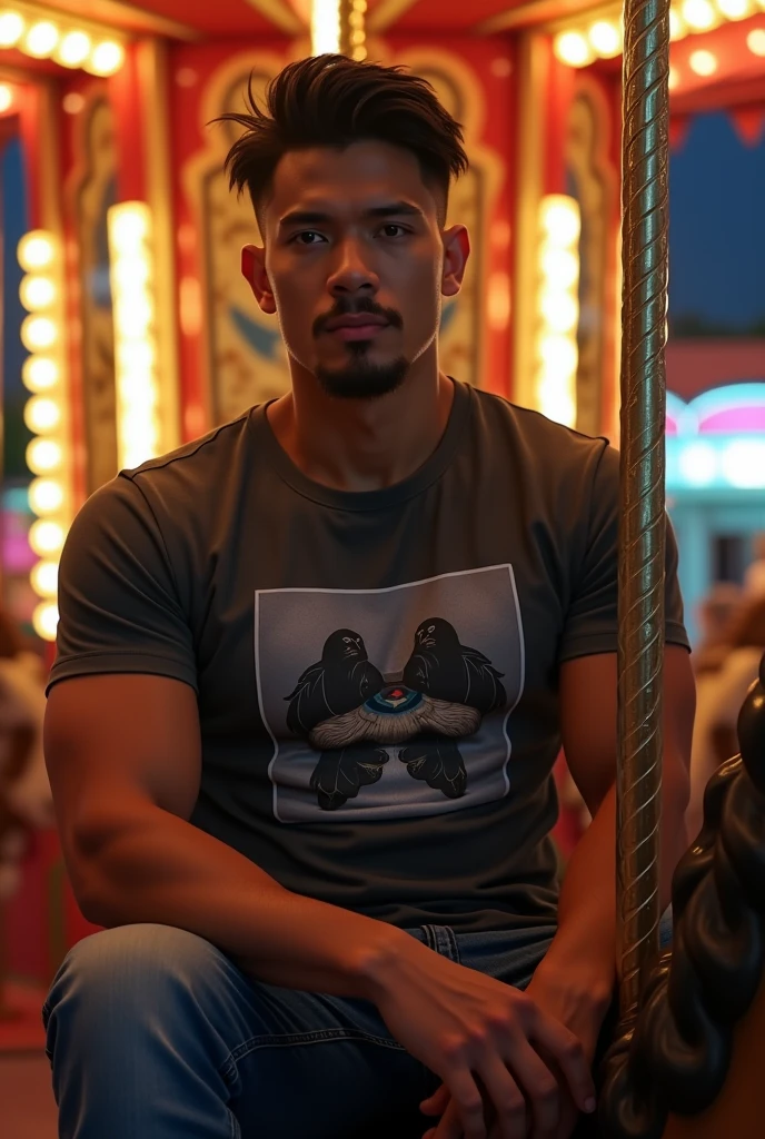photorealistic, best quality, masterpiece, extremely detailed, sexy, homoerotic, extremely handsome, 25 year old filipino man, very muscular bodybuilder, fitted graphic print tshirt, tight jeans, big smile, sitting on carousel horse merrygoround, at funfair carnival, at midnight, ambient lighting, dramatic shadows, extremely romantic atmosphere, perfect face, perfect fingers, perfect hands, perfection