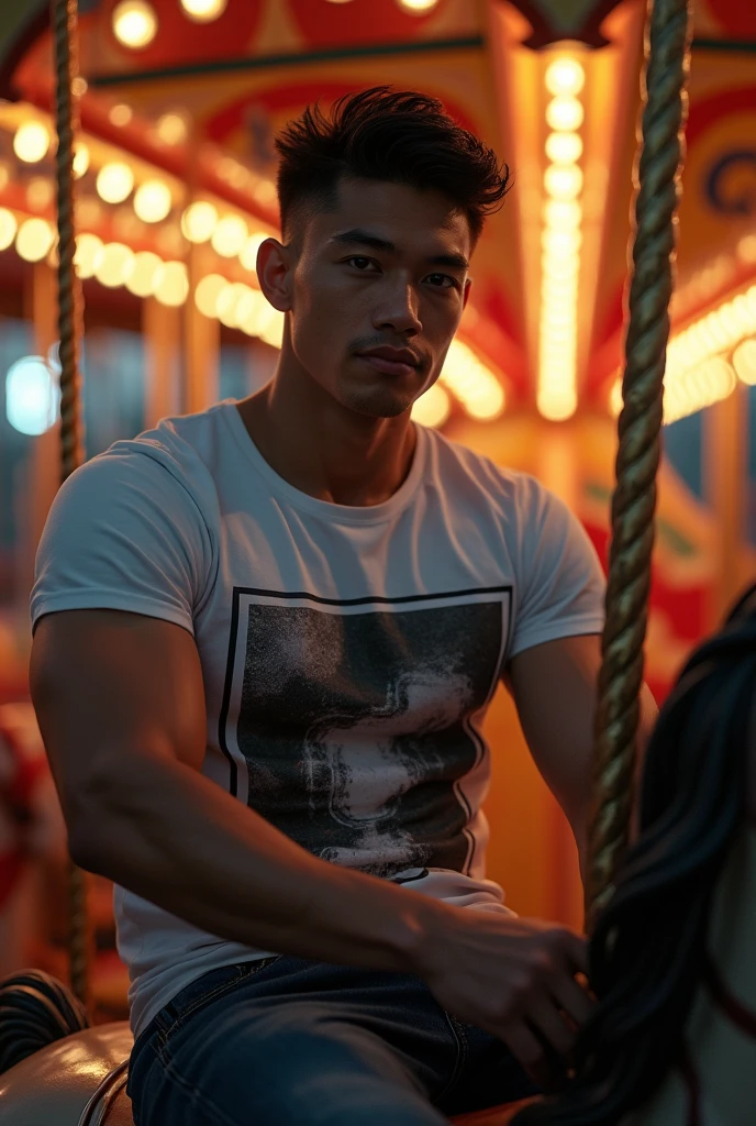 photorealistic, best quality, masterpiece, extremely detailed, sexy, homoerotic, extremely handsome, 25 year old filipino man, very muscular bodybuilder, fitted graphic print tshirt, tight jeans, big smile, sitting on carousel horse merrygoround, at funfair carnival, at midnight, ambient lighting, dramatic shadows, extremely romantic atmosphere, perfect face, perfect fingers, perfect hands, perfection