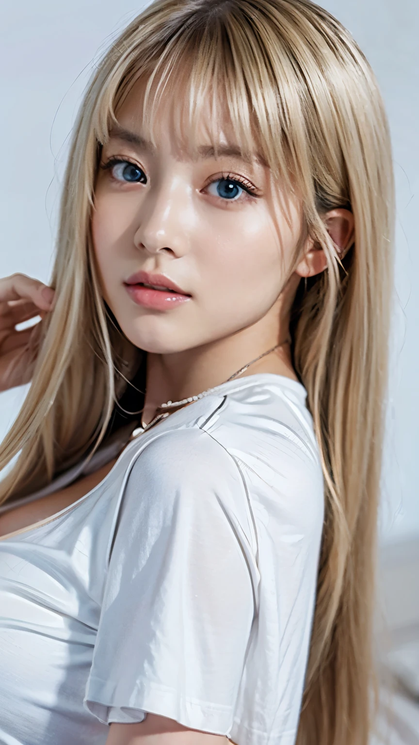 An innocent 20-year-old beautiful platinum blonde、Beautiful, shiny, super long, natural platinum blonde hair、Bangs between the eyes falling on the face、((Wearing an open white T-shirt,Dramatic Pose)),Sexy look,Super long straight blonde silky hair,dazzling blonde reflected light、Bed Background,Beach Background、RAW Photos, (8k、Highest quality、masterpiece:1.2)、(Intricate details:1.4)、(Realistic:1.4)、Octane Rendering、Intricate 3D rendering Super Detailed, Studio Soft Light, Rim Light, Sharp details, Super Detail, Realistic skin texture, Cheek gloss highlighter、Detailed aspect, Very beautiful big bright light blue eyes, Very big eyes、Highly detailed CG Unity 16k wallpaper, Perfect small face beauty、Round face、compensate, (Detailed Background:1.2), Glowing Skin, whole body、From head to thighs、Cleavage,((Sleeping on your back、Angle of view from above))