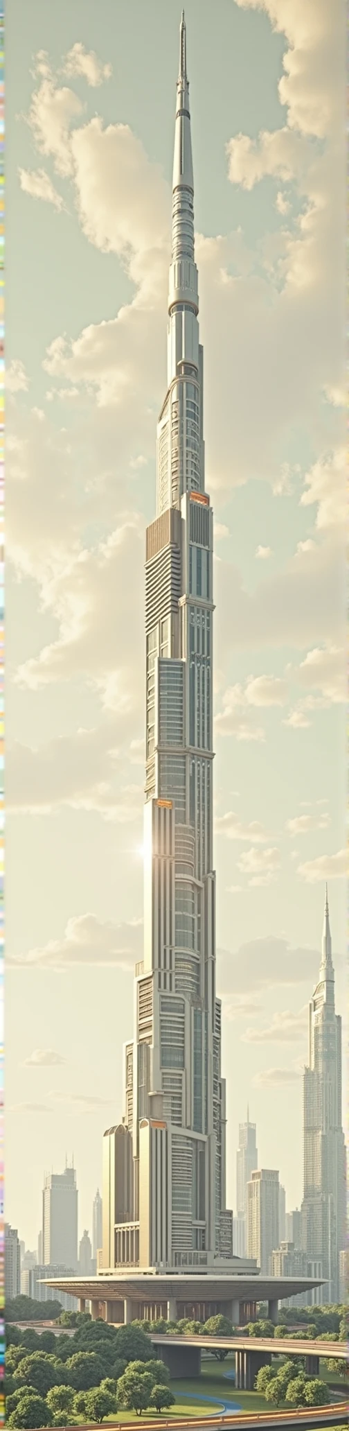 capital building, city hall, city centre, unbelievably tall city hall, extremely tall city hall, ultra tall, multiple buildings, spotlights, birdseye view ,art deco design,streamline moderne,futuristic architecture, Abstraction,modern style,Luxury and Luxury,dark night view,night, Futuristic decorative elements,Metallic,number line,sci-fi lamp,Virtual Engine,Unreal rendering, greenery, highways,