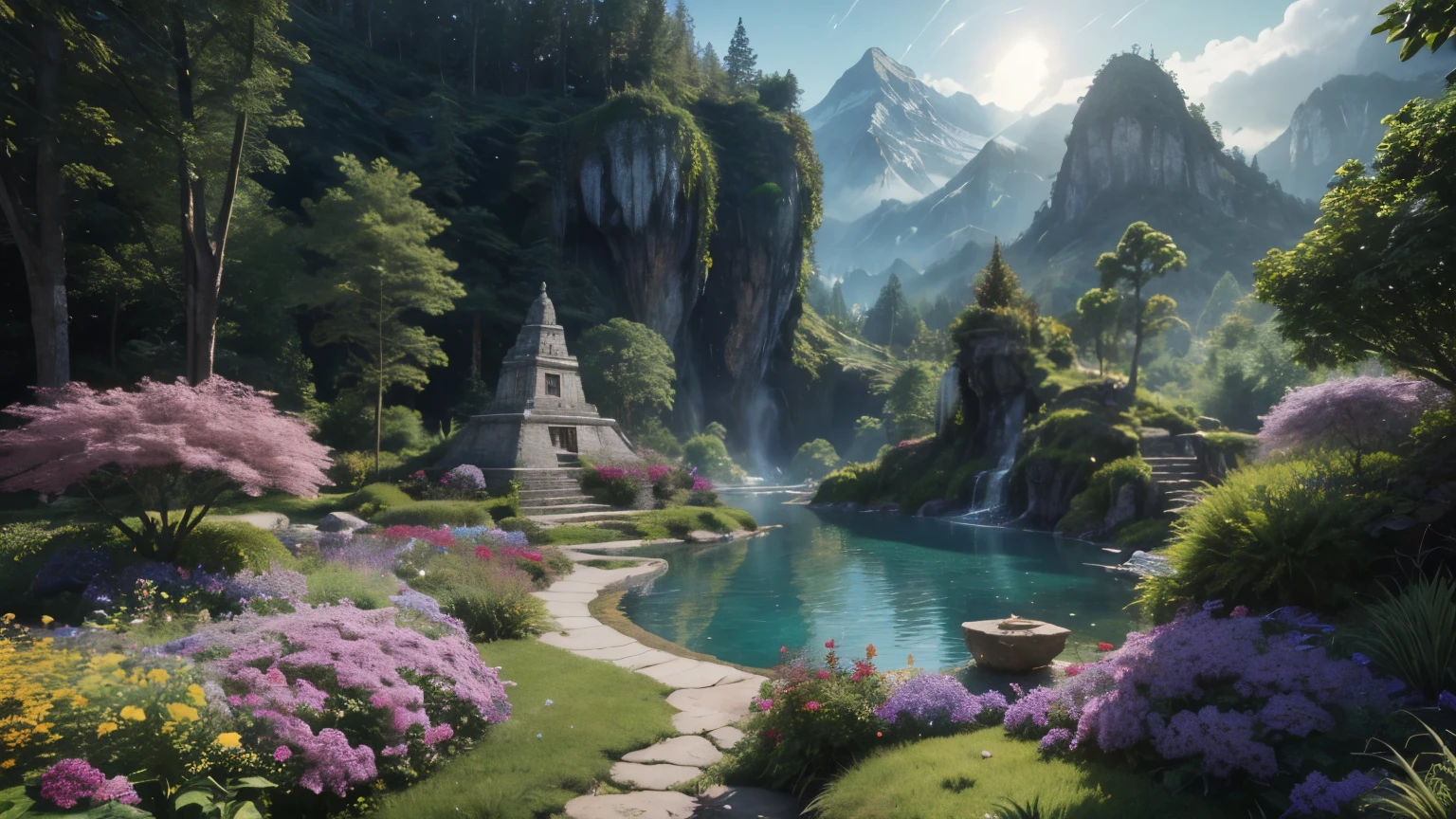 A stunningly detailed and vibrantly colored 3D rendering of a whimsical fantasy Mayan and Aztec world map, replete with lush forests, majestic mountain ranges, and shimmering canals, bathed in warm golden ring light that projects a sense of wonder and excitement, with an exaggerated dreamlike quality reminiscent of Pixar’s signature style, brought to life through the powerful Unreal, Octane, and Vray rendering engines, with rich, velvety texture and intricate details that invite exploration and discovery, with a mesmerizing play of colors, including emerald greens, sapphire blues, amethyst purples, and bright yellows, all harmoniously combined to create an enchanting, otherworldly atmosphere that invites the viewer to step into its magical realm.