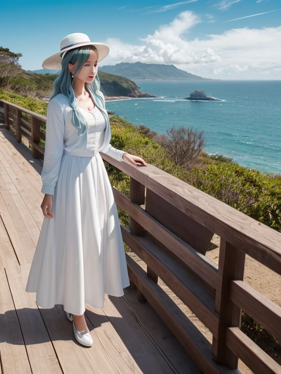 Pastel tones、High definition、Gentle Hills、You can see the ocean、High and blue sky、A shining white cumulonimbus cloud、Boardwalk、Two Women、A young lady with silver hair and a half-green outfit, a long skirt and cardigan, wearing a wide-brimmed white hat, and a maid in a classical maid outfit wearing a bonnet