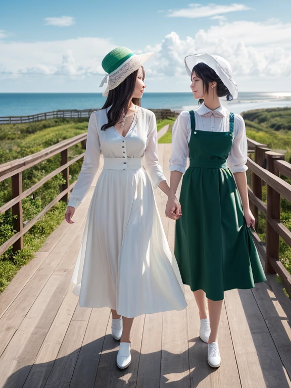 Pastel tones、High definition、Gentle Hills、You can see the ocean、High and blue sky、A shining white cumulonimbus cloud、Boardwalk、Two Women、A young lady with silver hair and a half-green outfit, a long skirt and cardigan, wearing a wide-brimmed white hat, and a maid in a classical maid outfit wearing a bonnet