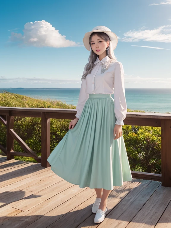 Pastel tones、High definition、Gentle Hills、You can see the ocean、High and blue sky、A shining white cumulonimbus cloud、Boardwalk、Two Women、A young lady with silver hair and a half-green outfit, a long skirt and cardigan, wearing a wide-brimmed white hat, and a maid in a classical maid outfit wearing a bonnet
