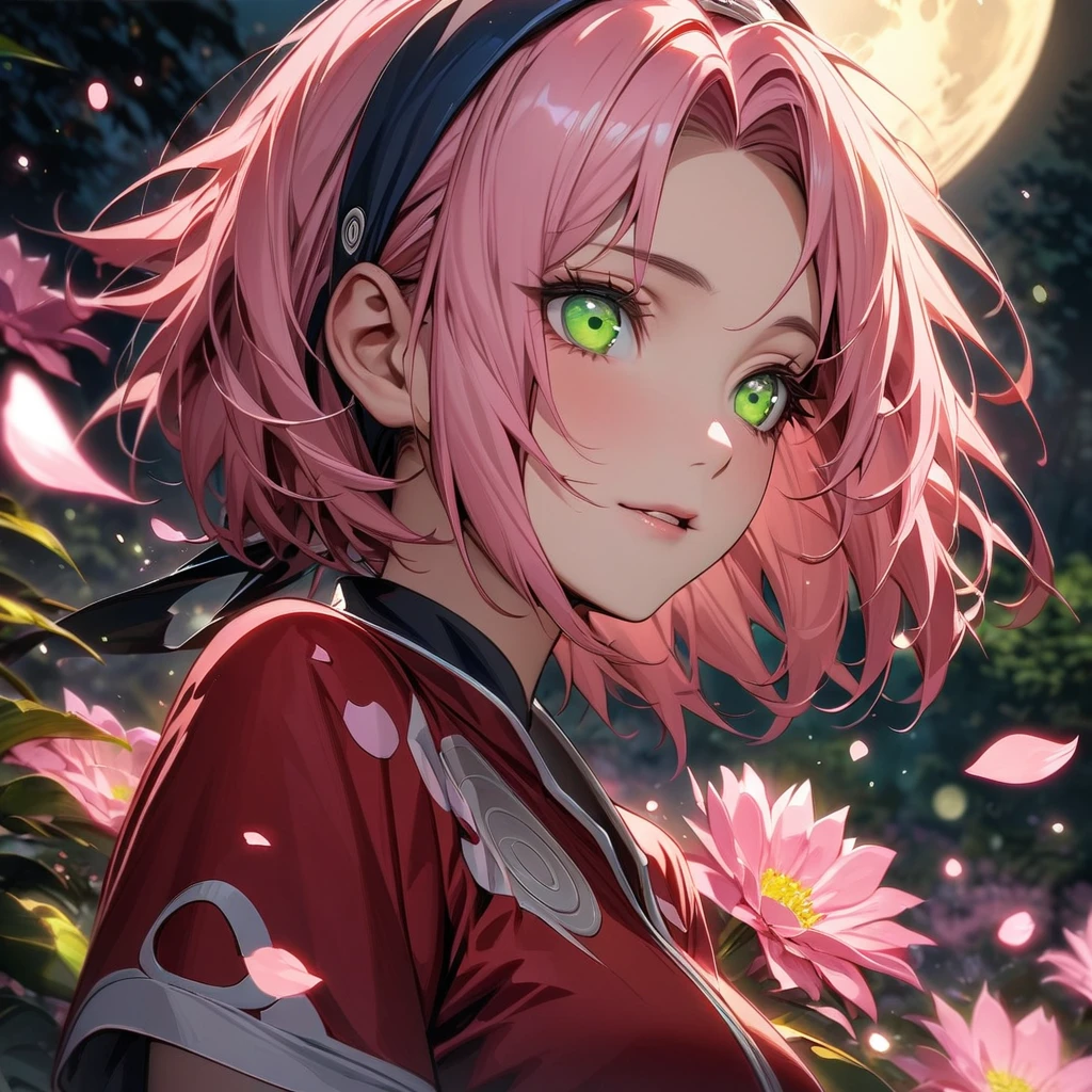 Ultra detailed, highres, absurdres, HDR, master piece, Haruno Sakura, pink short hair, expressive green eyes, Naruto Shippuden, pink flowers, petals, fireflies, moon, woman, solo, extremely beautiful, very detailed face and eyes, best quality, red clothes