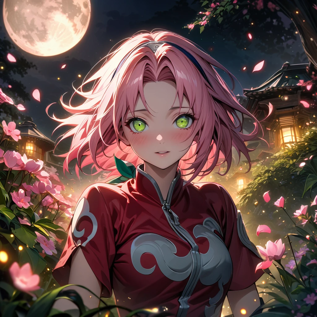 Ultra detailed, highres, absurdres, HDR, master piece, Haruno Sakura, pink short hair, expressive green eyes, Naruto Shippuden, pink flowers, petals, fireflies, moon, woman, solo, extremely beautiful, very detailed face and eyes, best quality, red clothes