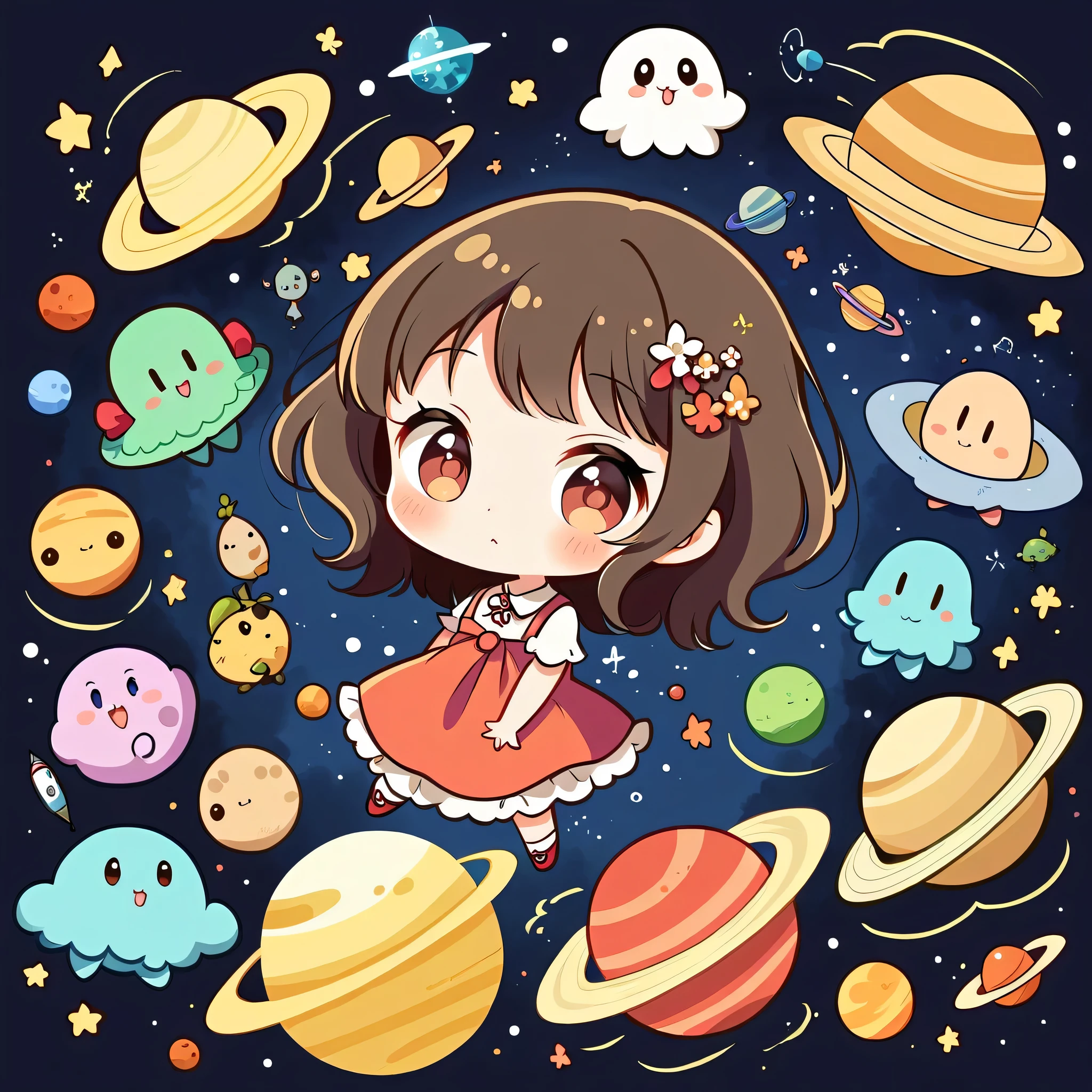 Micho style, Kawaii Design, most beautiful girl ever、chibi, (((Space Exploration))), Lots of cute aliens, Saturn in the background