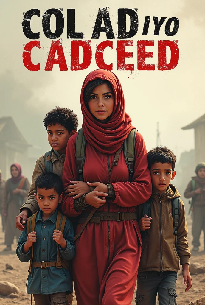 Here’s a detailed concept for the cover of “Colaad iyo Cadceed,” now featuring a mother and her children as the central figures:
Overall Theme and Message:
• Central Narrative: The cover should depict the powerful journey of a mother and her children who, despite the ravages of war, are determined to secure a better future through education. The imagery should reflect both the despair of conflict and the unwavering hope that drives this family forward. The title “Colaad iyo Cadceed” should anchor this narrative, drawing attention to the dual themes of conflict and the bright future represented by the children.
Cover Layout and Design:
• Top Section - Title Placement:
• The title “Colaad iyo Cadceed” should be prominently displayed at the top of the cover. The font should be bold and expressive, with “Colaad” using a rugged, perhaps slightly fractured style to represent the harsh realities of conflict. In contrast, “Cadceed” should be in a flowing, uplifting script, symbolizing light, hope, and the promise of a better future. The colors for “Colaad” could be dark and muted, while “Cadceed” could be in warm, vibrant hues like golden yellow or soft orange, reflecting sunlight.
Central Image - The Mother and Her Children:
• A Symbol of Resilience and Hope:
• The mother should be the central figure, depicted as strong and determined, despite the evident hardships. She could be shown holding or guiding her children as they flee from a war-torn area, emphasizing her protective nature and her role as a beacon of hope for the future.
• Appearance and Clothing: The mother’s clothing might be worn and tattered, reflecting the struggles they have endured. Her expression should convey both the weight of the conflict and her unyielding resolve to protect and guide her children towards a better life. The children, though clearly affected by the conflict, should also show signs of hope—perhaps with slightly brighter clothing or backpacks that hint at their journey towar
