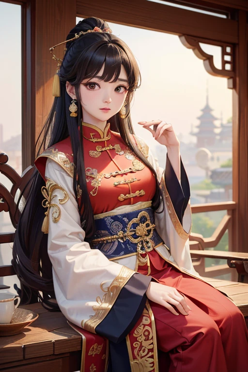 (Highest quality、 8k 、masterpiece、High resolution)、(Chinese Drama、Changgexing、Li Changge、Dililaba)、Tang Dynasty、Changan、1 Female、Rich man's daughter、(Princess of the royal family)、Anime Beauty、Peony floral costume on white background、Head ornament、Hairpin、Beautiful young person、blue eyes、smile、A fun pose、(背景は古いChanganの街並み、Tang Dynasty Buildings、Tang Dynasty Buildings)、Anime Art、Official Art、Detailed CG、
