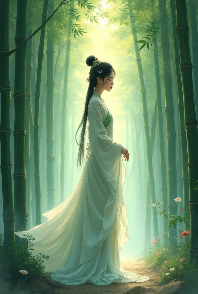 China-style,Chinese ink style,water ink,Smudge,bamboos,Hanfu beauty standing in the bamboo forest,The scene is,Full body like,Green gradient, highly detailed surreal vfx,China ink painting,oc rendered, - AR 16:9 --q 2 --s 1000