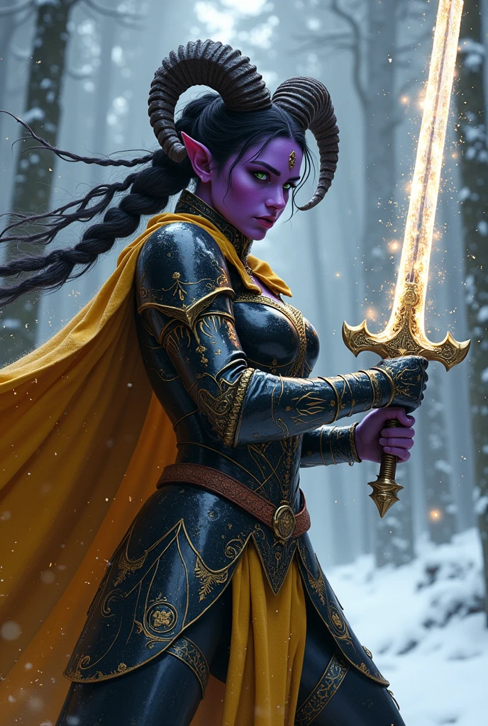 ((portrait, upper torso, armored female paladin, battle worn gloss black lacquered armor:1.4, gold filigree, etched, gold cloak, (((((purple skin Tieflin, ram horns))), [glossblack hair:dark hair:0.8]))), clear green eyes, blackout eyeshadow, iron circlet), braids, (((glowing radiant white star engraved sword, shield, sparks, windy))), outdoor frozen snow snowy forest, dynamic battle pose
