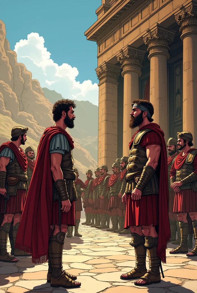 Panel 1: A flashback shows Sebastian as a Roman soldier, Talking to a Roman officer. In Cusco Panel 2: Sebastian is arrested and brought before the emperor. In Cusco