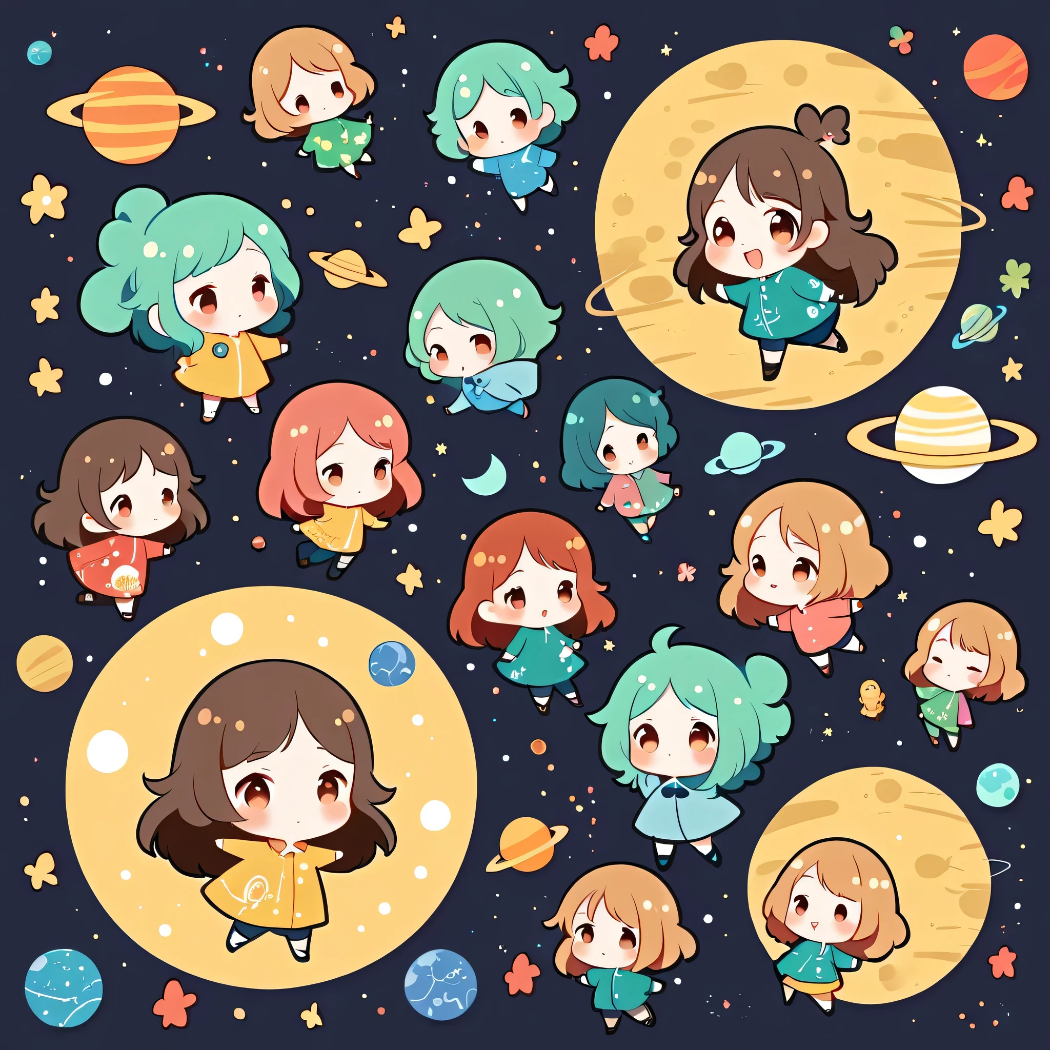 Micho style, Kawaii Design, most beautiful girl ever、chibi, (((Space Exploration))), Lots of cute aliens, Saturn in the background