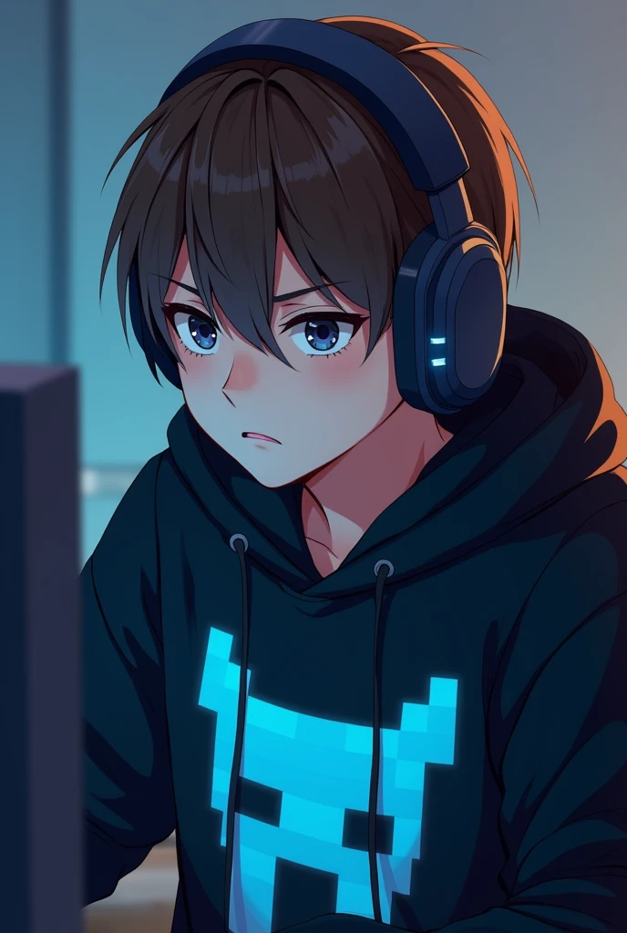 Serious anime gamer boy with headphones and brown hair, that her black creeper-themed sweater with a light blue and blue gradient