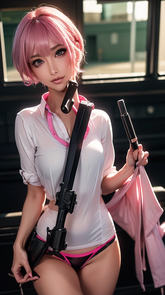 (Highest quality), Realistic, (live-action),(Short Hair,Sharp bangs)Showing off your crotch,Highest quality,Highest quality,8k images,Pink Hair,High heels,school uniform,(破れたschool uniform)Small face,((Big Breasts))Open legs and show panties,(((Holding a gun,Hold the gun you have 1.4))),