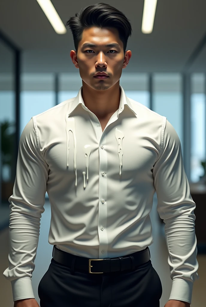 A Korean man with short hair and handsome face features wearing long sleeved shirt,covered with milk dripping down ,mouth milk, pants, and shoes standing in an office with masculine pose ,facing straight to the camera, muscular build, detailed face, detailed clothes, detailed background