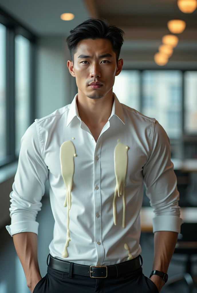 A Korean man with short hair and handsome face features wearing long sleeved shirt,covered with milk dripping down ,mouth milk, pants, and shoes standing in an office with masculine pose ,facing straight to the camera, muscular build, detailed face, detailed clothes, detailed background