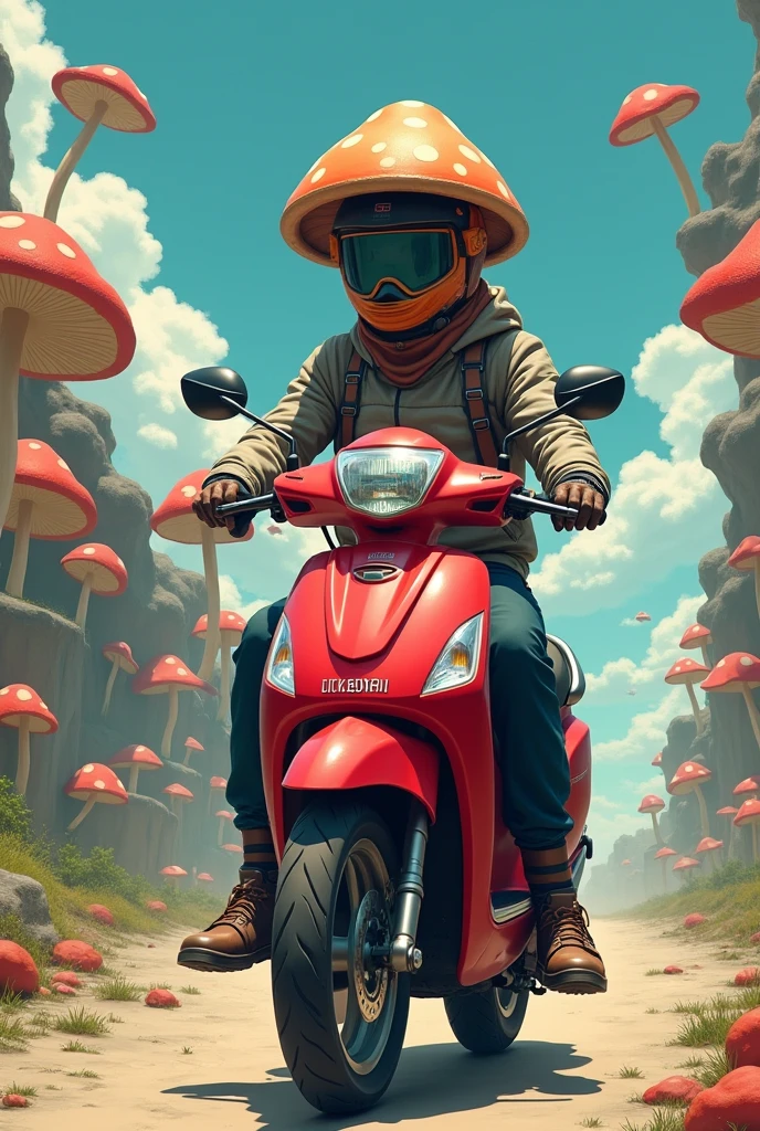 mushroom helmet,motorcycle rider guys, with rider gear with Honda click 125cc version3 red motorcycle,the back ground More anime The name HENERAL KABUTE