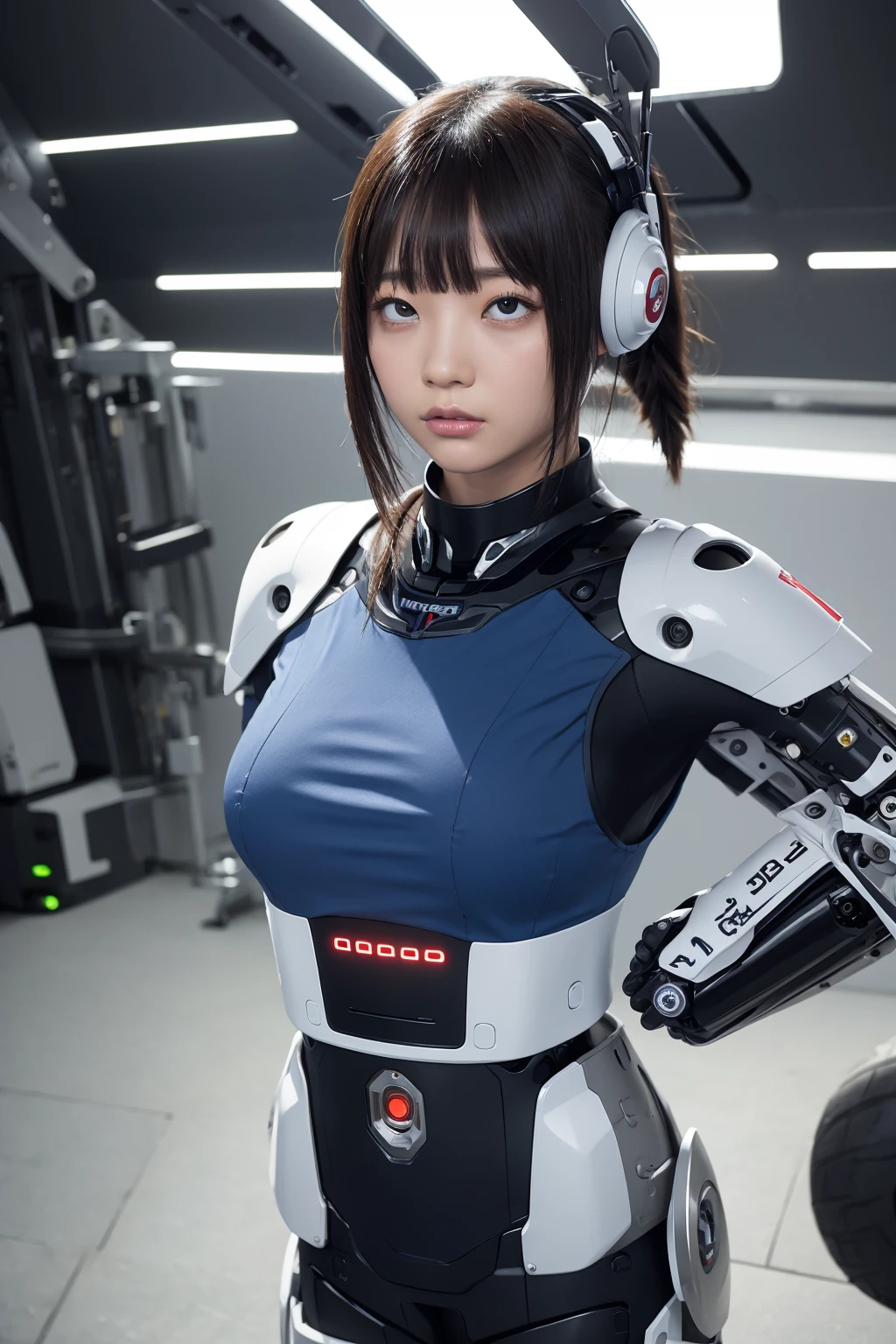 masterpiece, best quality, extremely detailed, Japaese android girl,Plump ,control panels,android,Droid,Mechanical Hand, Robot arms and legs,Blunt bangs,perfect robot girl,long tube,thick cable connected her neck,android,robot,humanoid,cyborg,japanese cyborg girl ,robot-assembly plant,She has assembled now,assembly scene,chest monitor,rolling eyes