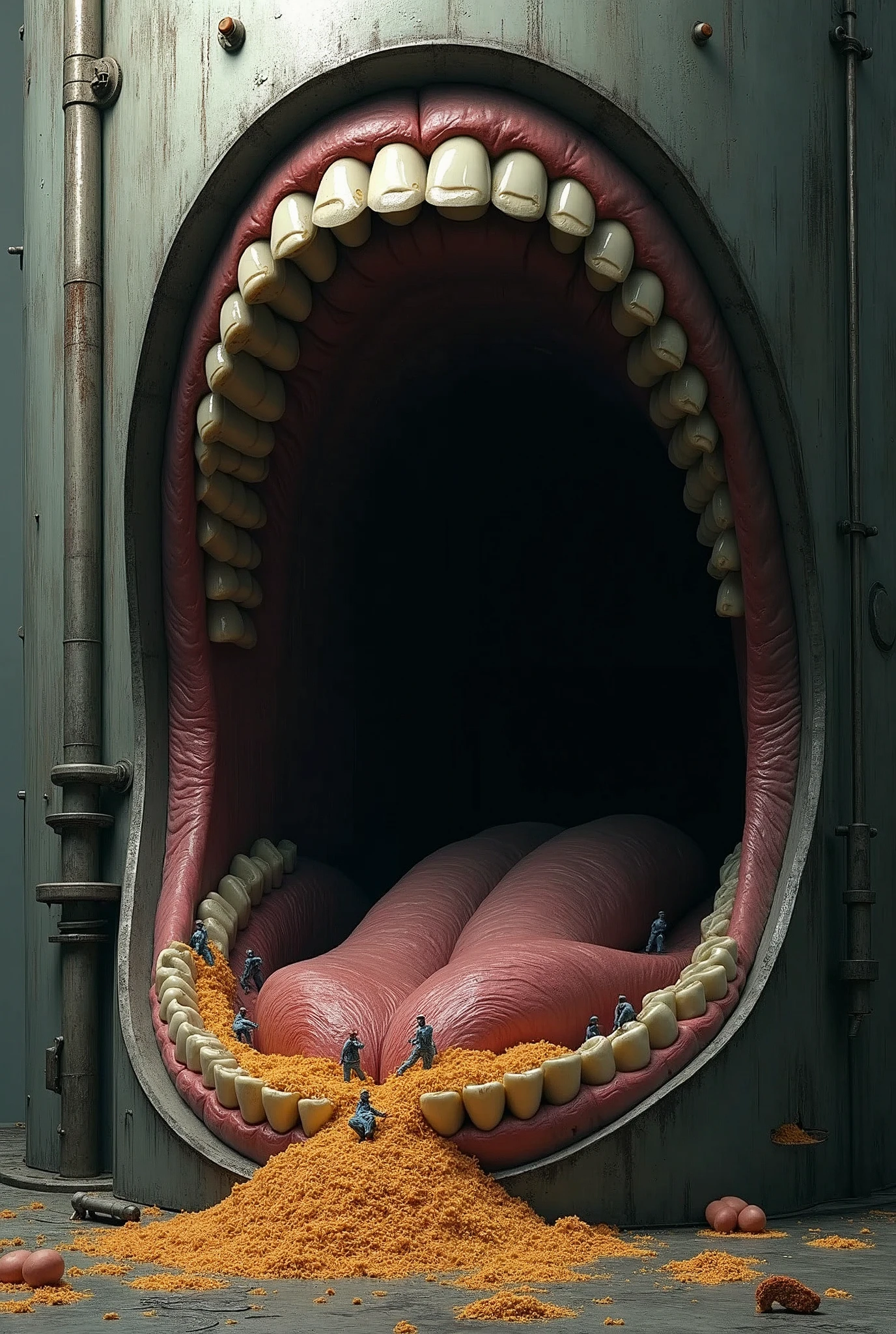 The mouth like a large factory door with teeth like workers grinding food.