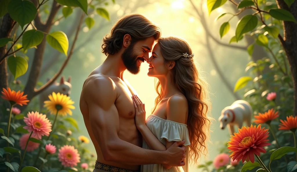 Adam and Eve in a moment of happiness, surrounded by colorful flowers and garden animals. Both are smiling, Conveying innocence and joy. Sunlight softly illuminates the scene, highlighting the details of the leaves and faces.