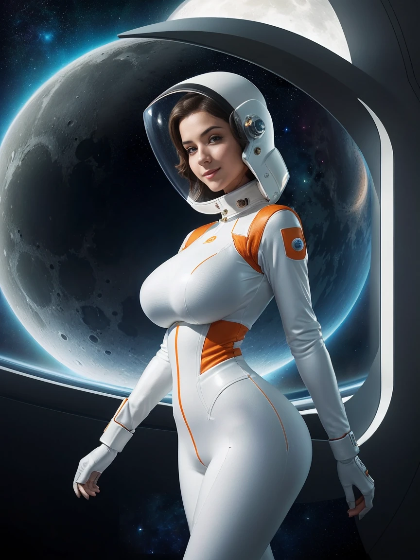 Alien woman, in a space suit, lots of cleavage, (floating in space), ((floating next to space ship)), (viewport of a nebula), faceless, helmet, combine assassin, military, gas mask, shoulder armor, armor, bulletproof vest, one-eyed, black bodysuit, white armor, glowing eye, 