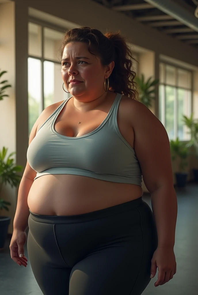 "Create an image of an obese woman in her 30s to 40s, wearing gym clothes, The woman is in a gym environment, reflecting on your weight loss journey. She displays an expression of sadness, suggesting that you have difficulty losing weight. Lighting should be soft and welcoming, highlighting women in a respectful and realistic way, without stigmatizing. The image must convey empathy, support and the idea that the product can be an ally in achieving your weight loss goals."