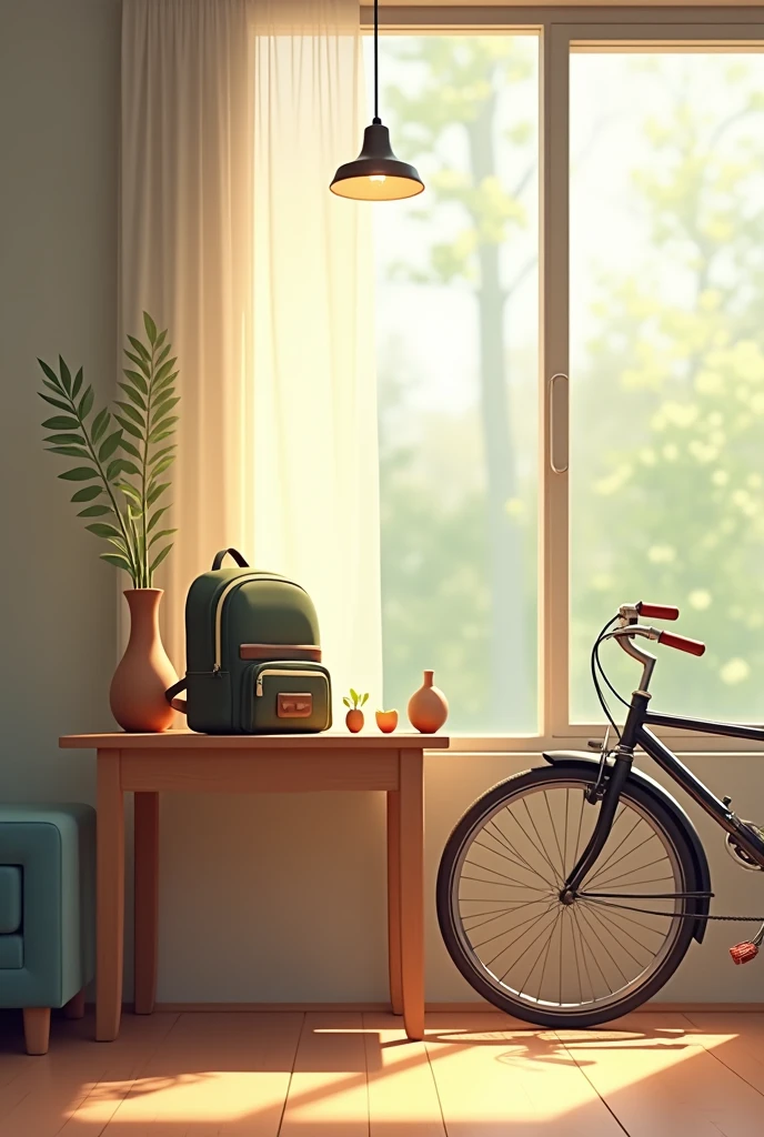 A table with a backpack and a vase on it and a bicycle leaning on it