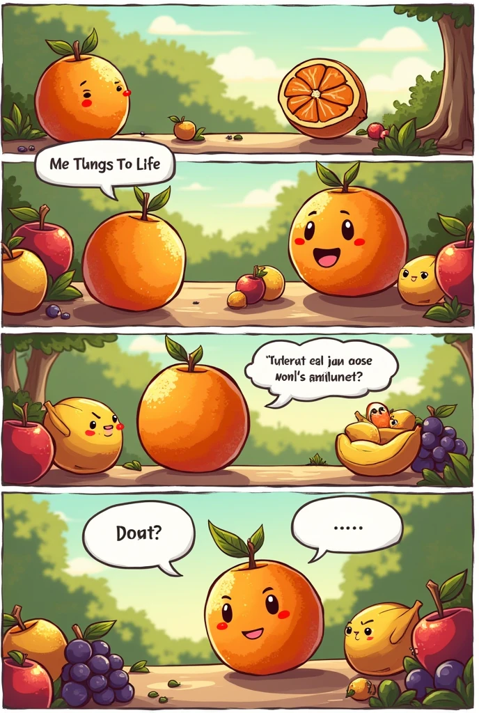 Make me a comic about a tangerine talking to other fruits in 10 frames 