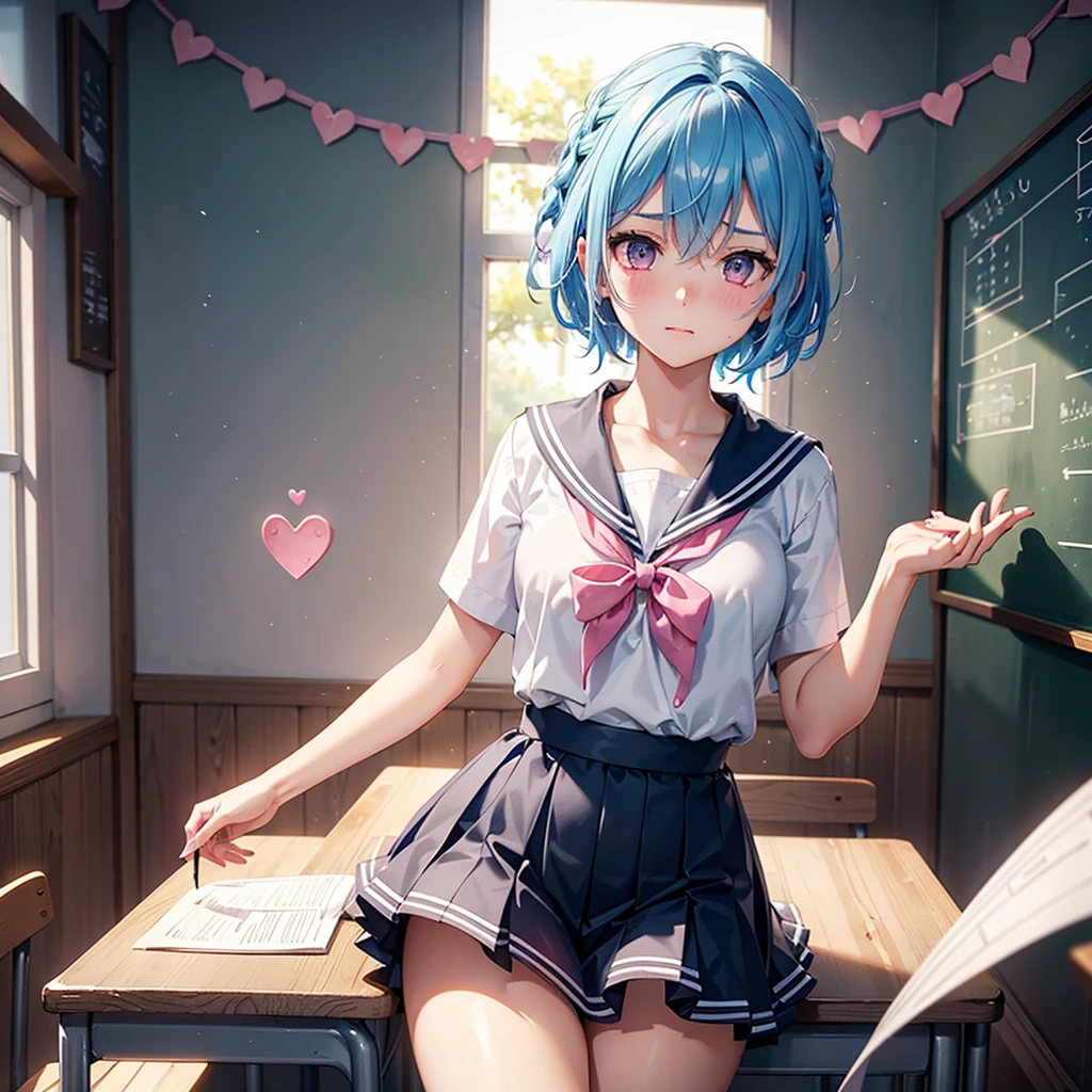 Sky blue hair,Braided short hair,Pink Eyes,Fair skin,whole body,one person,Embarrassed,The background is a school classroom,((I love you lettering on a blackboard)),Heart-shaped chocolate,(Hand it forward with both hands),Sailor suit,valentineday,masterpiece, Highest quality, Very detailed, Best Shadow,Detailed Background,Beautifully detailed face,High Contrast,Best lighting,Very delicate and beautiful,Cinematic Light,Hyper Detail,8k,Dramatic Light, Intricate details,