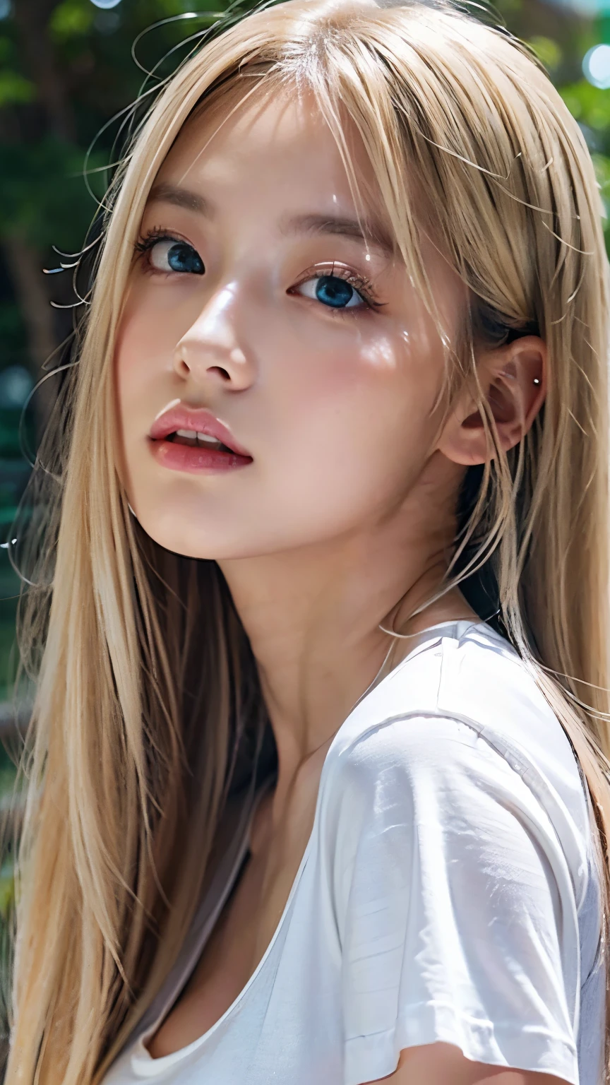 An innocent 20-year-old beautiful platinum blonde、Beautiful, shiny, super long, natural platinum blonde hair、Bangs between the eyes falling on the face、((Wearing an open white T-shirt,Dramatic Pose)),Sexy look,Super long straight blonde silky hair,dazzling blonde reflected light、Bed Background,Beach Background、RAW Photos, (8k、Highest quality、masterpiece:1.2)、(Intricate details:1.4)、(Realistic:1.4)、Octane Rendering、Intricate 3D rendering Super Detailed, Studio Soft Light, Rim Light, Sharp details, Super Detail, Realistic skin texture, Cheek gloss highlighter、Detailed aspect, Very beautiful big bright light blue eyes, Very big eyes、Highly detailed CG Unity 16k wallpaper, Perfect small face beauty、Round face、compensate, (Detailed Background:1.2), Glowing Skin, whole body、From head to thighs、Cleavage,((Sleeping on your back、Angle of view from above))