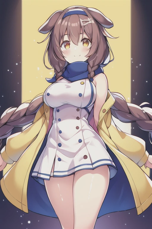 1girl, Korone, smile, dog ears, twin braids, sidelocks, hair ornament, ((white dress)), yellow jacket, dress, jacket, open clothes, open jacket, short dress, sleeveless dress, huge breasts, thick thighs, tall, tall female, mature female, bandana, scarf, hourglass figure, arms behind back, standing, ((arms behind back)), ((scarf))