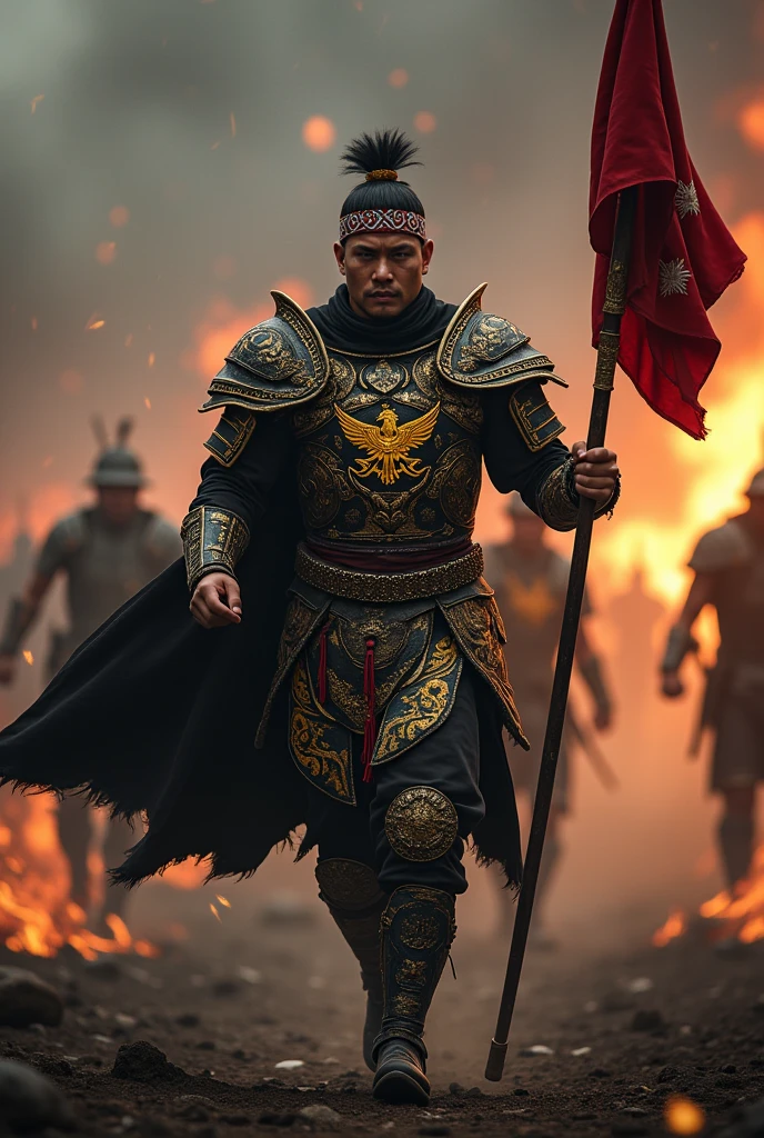 Details of the height of handsome Indonesian people. He wore black Javanese armor with gold and yellow decoration and a garuda head symbol in the middle of his  and the words "bojes sambas". The headband is red and white. Black and gold belt. There are detailed carvings on all the clothes. He charged forward while carrying a flag (red and white). Dark Burning Warzone atmosphere, UHDR smoke, Super Realist
