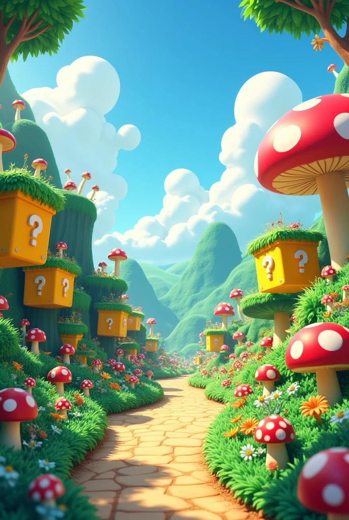 Put a Mario Bros world background
Without Mario Bros and more colorful, with more flowers from mario world, with yellow blocks that have a "?"