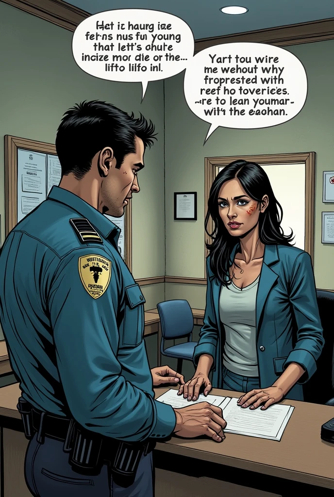 Make a comic book style drawing of the woman who is being assaulted by her husband at the police station talking to the police officer reporting her husband