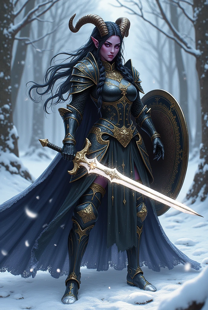 ((portrait, upper torso, armored female paladin, battle worn gloss black lacquered armor:1.4, gold filigree, etched, gold cloak, (((((purple skin Tieflin, ram horns))), [glossblack hair:dark hair:0.8]))), heterochromia purple eye, gold eye, blackout eyeshadow, iron circlet), braids, (((glowing radiant white star engraved sword, shield, sparks, windy))), outdoor frozen snow snowy forest, dynamic battle pose
