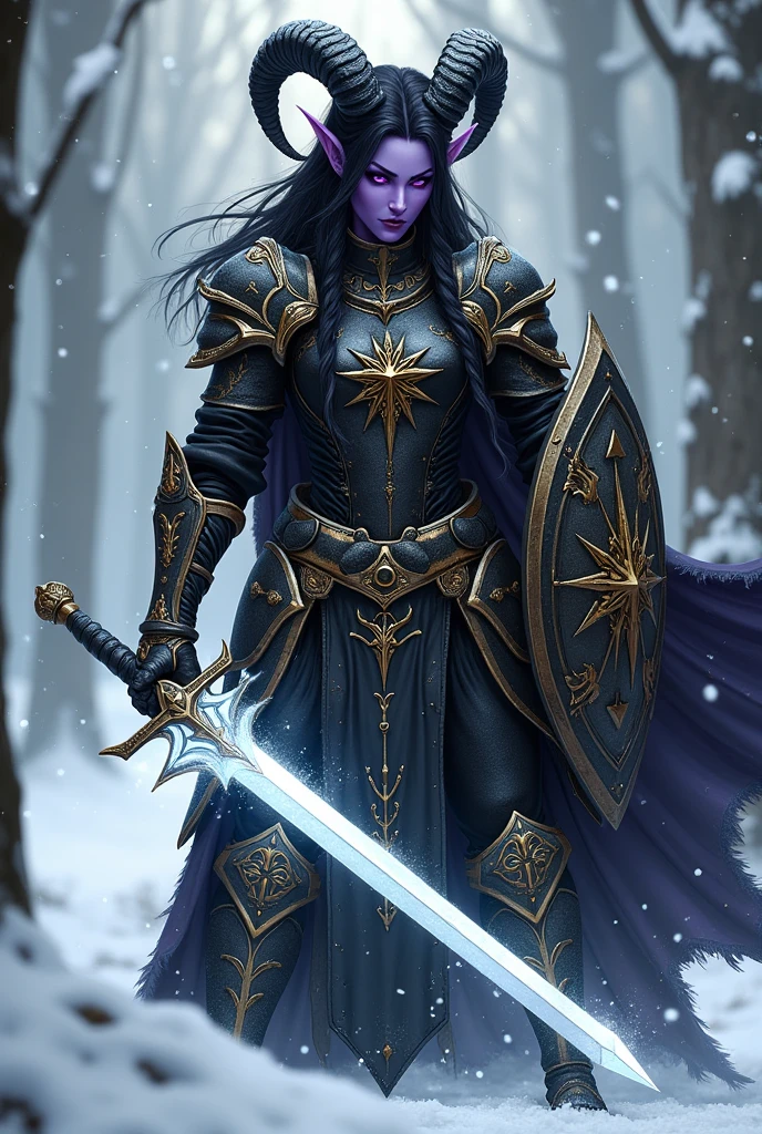 ((portrait, upper torso, armored female paladin, battle worn gloss black lacquered armor:1.4, gold filigree, etched, gold cloak, (((((purple skin Tieflin, ram horns))), [glossblack hair:dark hair:0.8]))), heterochromia purple eye, gold eye, blackout eyeshadow, iron circlet), braids, (((glowing radiant white star engraved sword, shield, sparks, windy))), outdoor frozen snow snowy forest, dynamic battle pose

