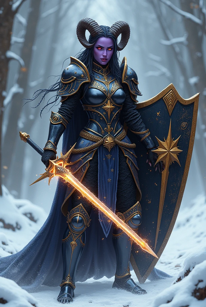 ((portrait, upper torso, armored female paladin, battle worn gloss black lacquered armor:1.4, gold filigree, etched, gold cloak, (((((purple skin Tieflin, ram horns))), [glossblack hair:dark hair:0.8]))), heterochromia purple eye, gold eye, blackout eyeshadow, iron circlet), braids, (((glowing radiant white star engraved sword, shield, sparks, windy))), outdoor frozen snow snowy forest, dynamic battle pose
