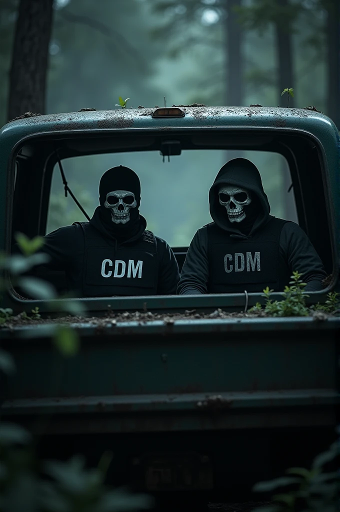 2 Men with skull balaclavas and vests with CDM written on them inside a truck in the woods