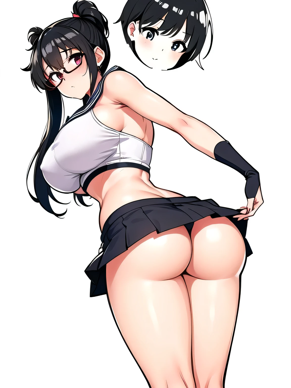 a black ink drawing in outline and colors, character: Hayase Nagatoro in a uniform consisting of an unbuttoned blouse with a wide neckline showing a bra and thong under a cowboy mini skirt, She is a girl with a large but firm and rounded bust with covered nipples, She likes sexy poses, Open legs and rounded and firm butt like her heroine Sailor Moon, Leaning forward, slightly lifting her miniskirt, you can see her buttocks.,1 girl view. (The work signed by "MemMt" In the lower right corner), white background, rear side lighting, full body shot, Sexy angle,
