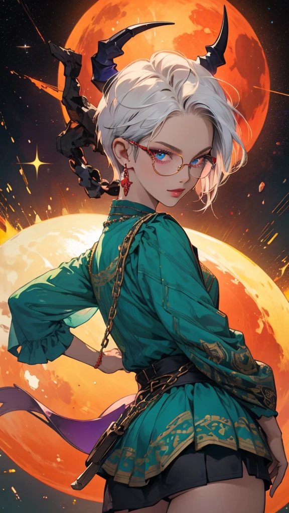 8k, masterpiece, best quality, highly detailed, 1 girl, tiefling, warlock, pixie cut, multicolored hair, very short straight hair red highlight hair on white hair, strippled hair, wearing glasses, round glasses, earrings, navel piercing, red eyeshadow, long eyelashes, blushed cheek, red lips, pearl necklace, rings, collarbone, mole on face, glamorous, teal and purple clothes, sleeveless, miniskirt, smirk, close up view, rings, looking at viewer, demon horns, solo, milky way, starry sky, blood red moon, standing, chains on the background.