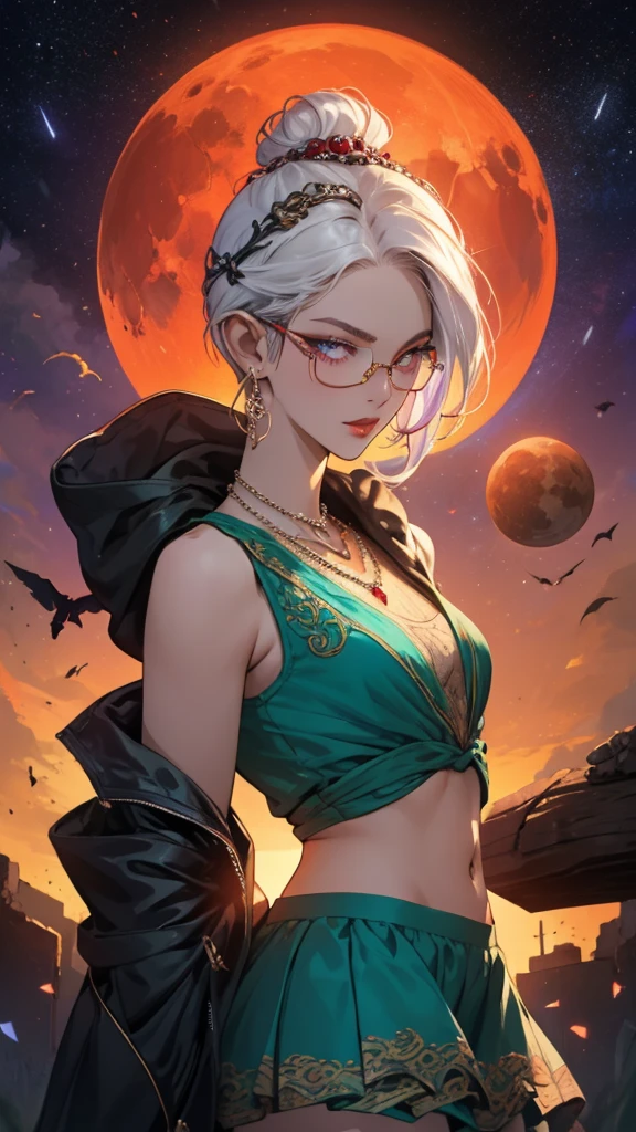 8k, masterpiece, best quality, highly detailed, 1 girl, tiefling, warlock, pixie cut, multicolored hair, very short straight hair red highlight hair on white hair, strippled hair, wearing glasses, round glasses, earrings, navel piercing, red eyeshadow, long eyelashes, blushed cheek, red lips, pearl necklace, rings, collarbone, mole on face, glamorous, teal and purple clothes, sleeveless, miniskirt, smirk, close up view, rings, looking at viewer, demon horns, solo, milky way, starry sky, blood red moon, standing, chains on the background.
