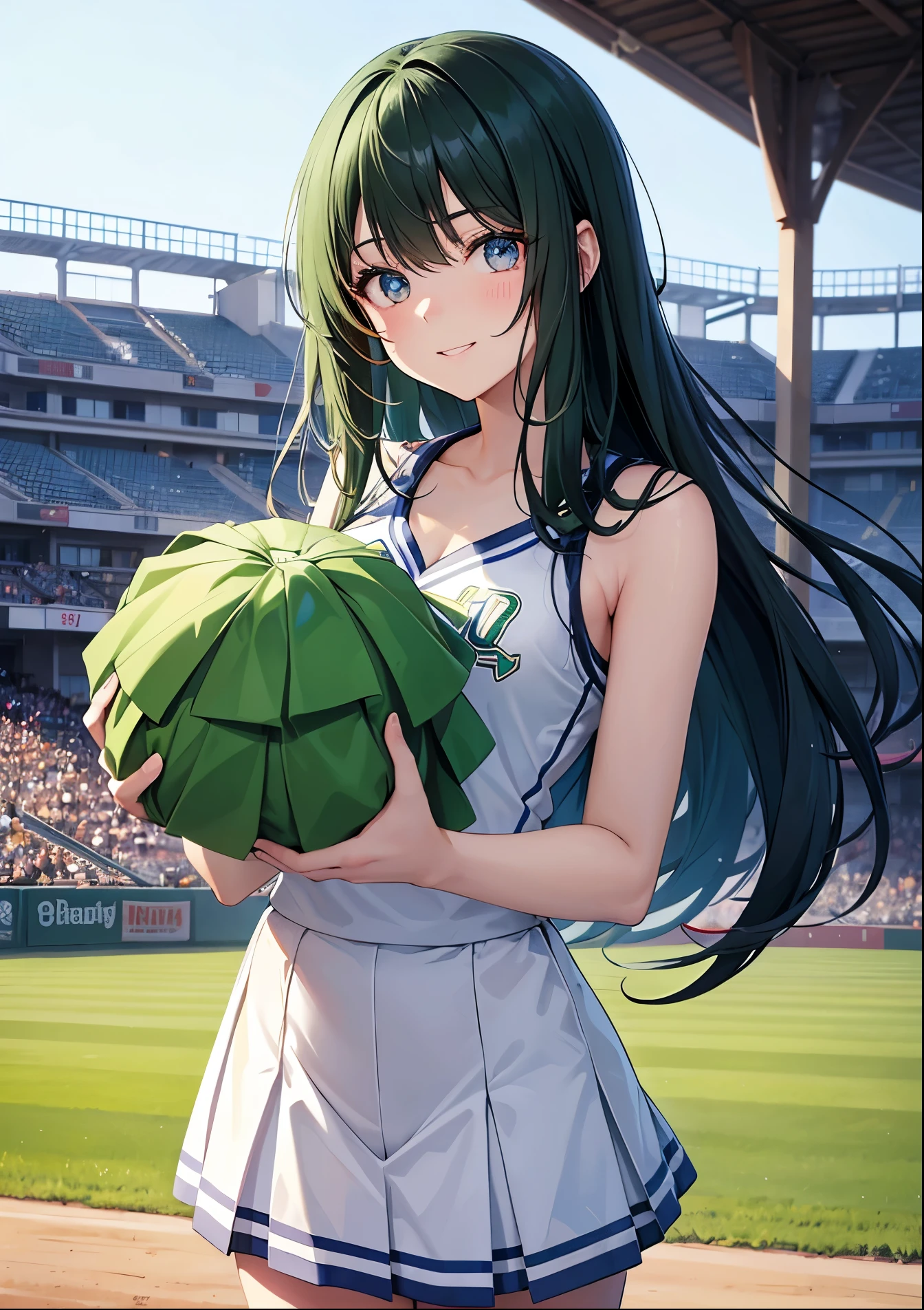 One girl, voluminous dark green hair, dark green hair, straight long hair, big droopy eyes, blue eyes, mature expression, droopy eyes, sparkling eyes, focus on face, fresh smile, big droopy eyes, blue eyes, 5 fingers, two hands, cheerleader, heart mark on chest, baseball cheer, Bonbon on hand , baseball field in background, 5 fingers, both hands, fine fingers, focus on face, front view, red eyes, no shadow on background, high quality, no shadow on background high quality