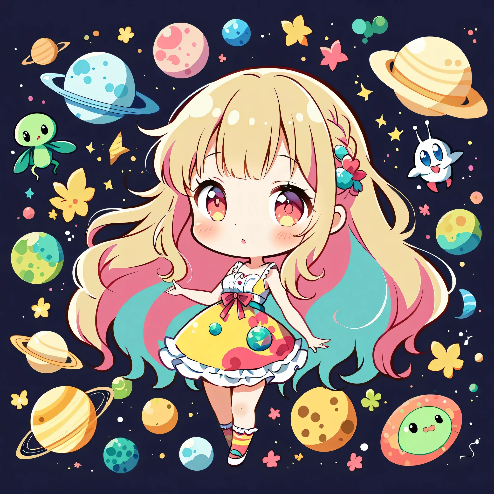 Momoko Sakura colorful style, Kawaii Design, most beautiful girl ever、chibi, (((Space Exploration))), Lots of cute aliens, Saturn in the background
